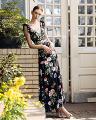 Black Embroidered Floral Plunge Neck Trumpet Gown