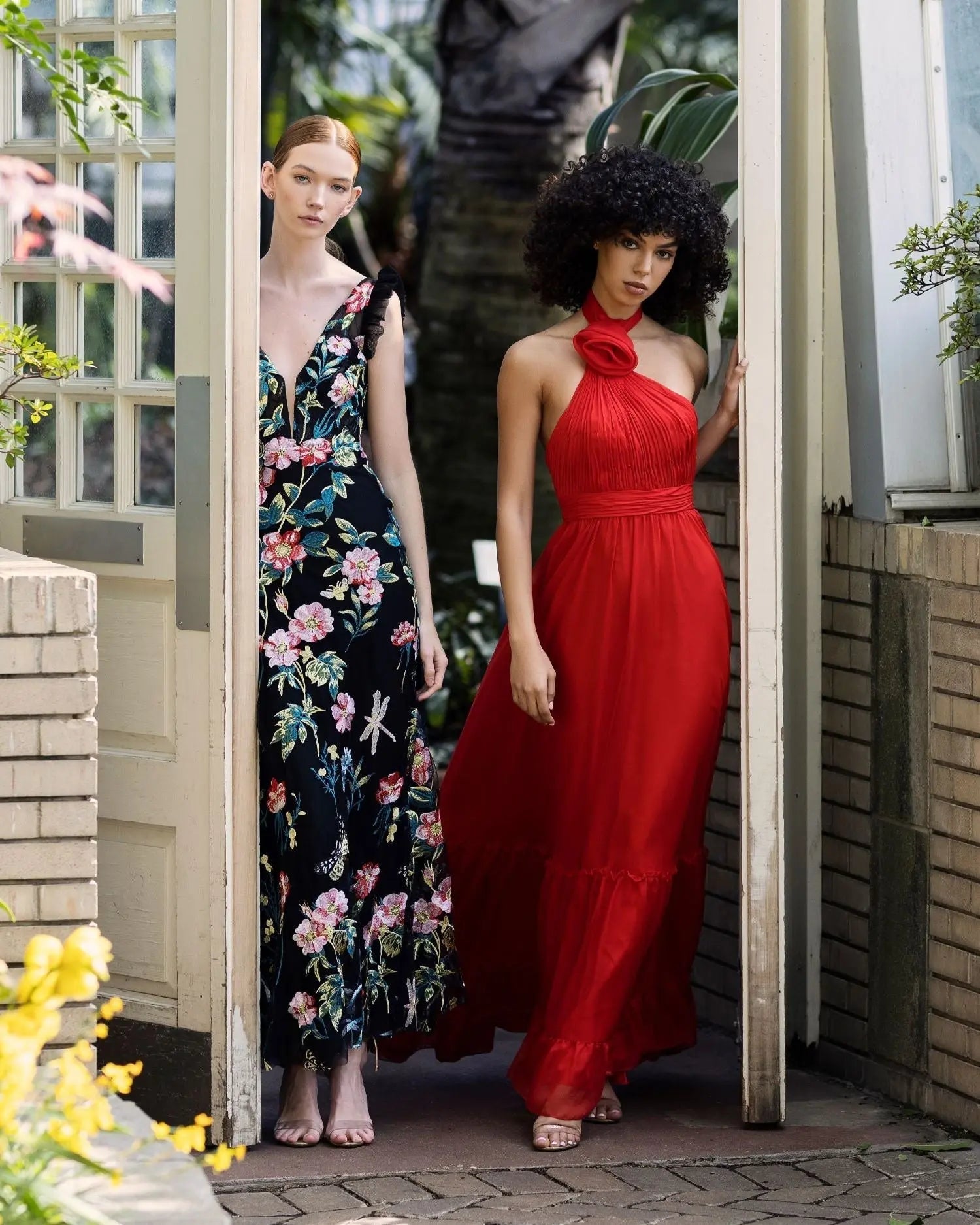 Black Embroidered Floral Plunge Neck Trumpet Gown