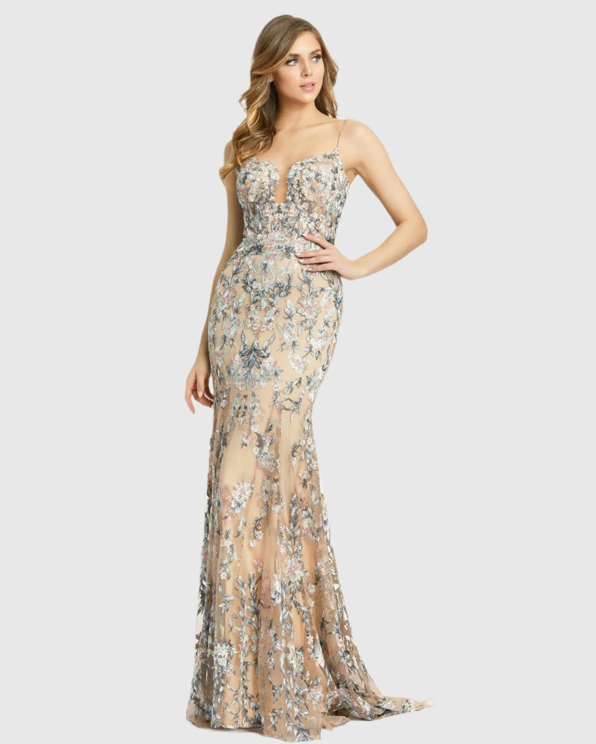 Beige Embroidered Spaghetti Strap Trumpet Gown