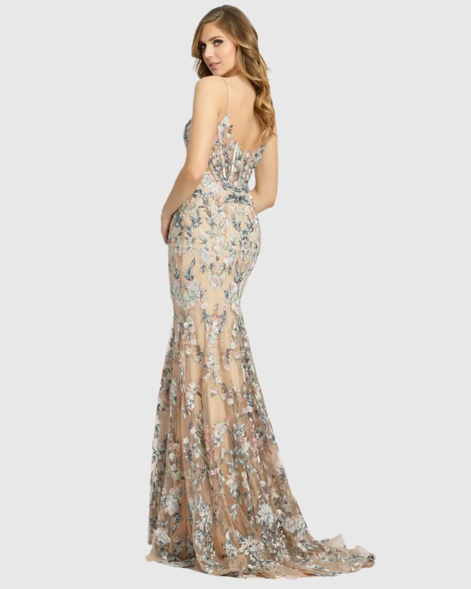 Beige Embroidered Spaghetti Strap Trumpet Gown
