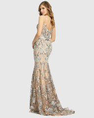 Beige Embroidered Spaghetti Strap Trumpet Gown