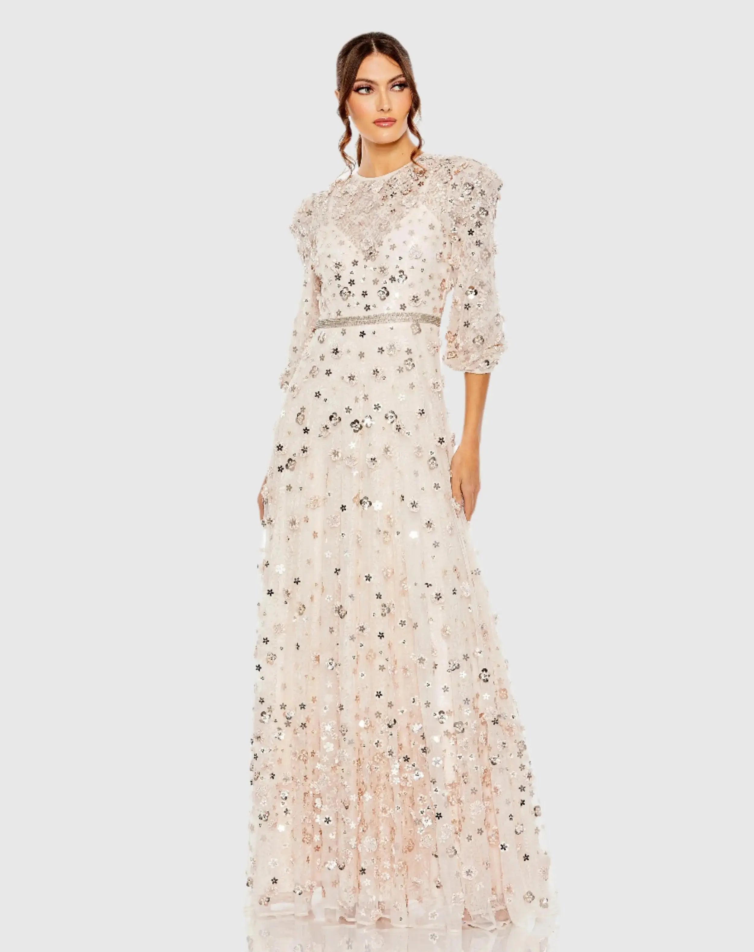 Floral Applique Puff Sleeve High Neck A-Line Gown