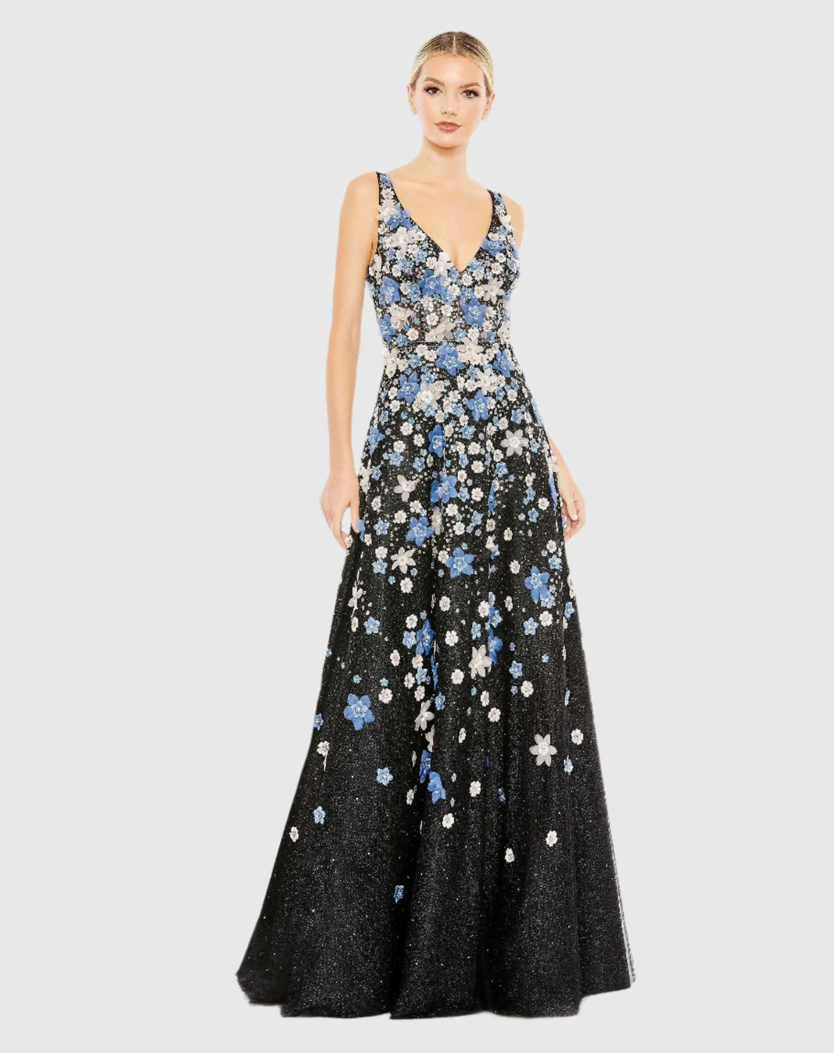 Black Floral Applique Sleeveless A-Line Evening Gown