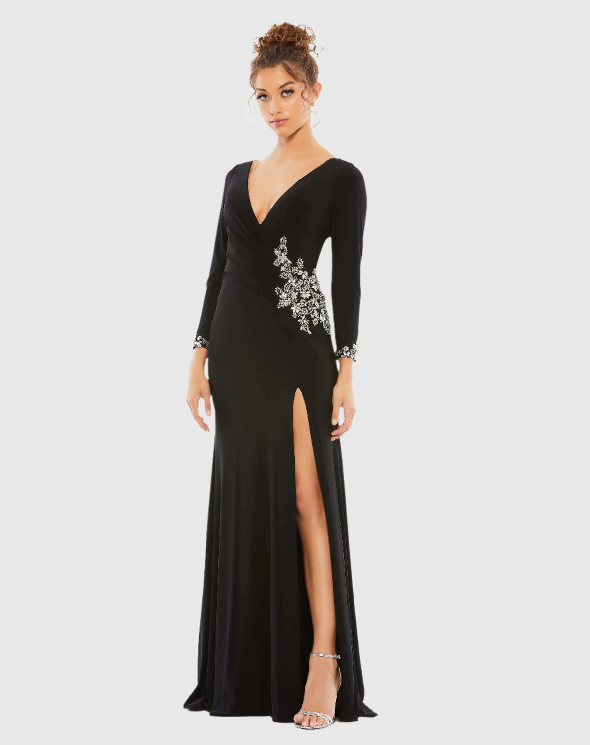 Black Floral Embellished Faux Wrap Jersey Gown