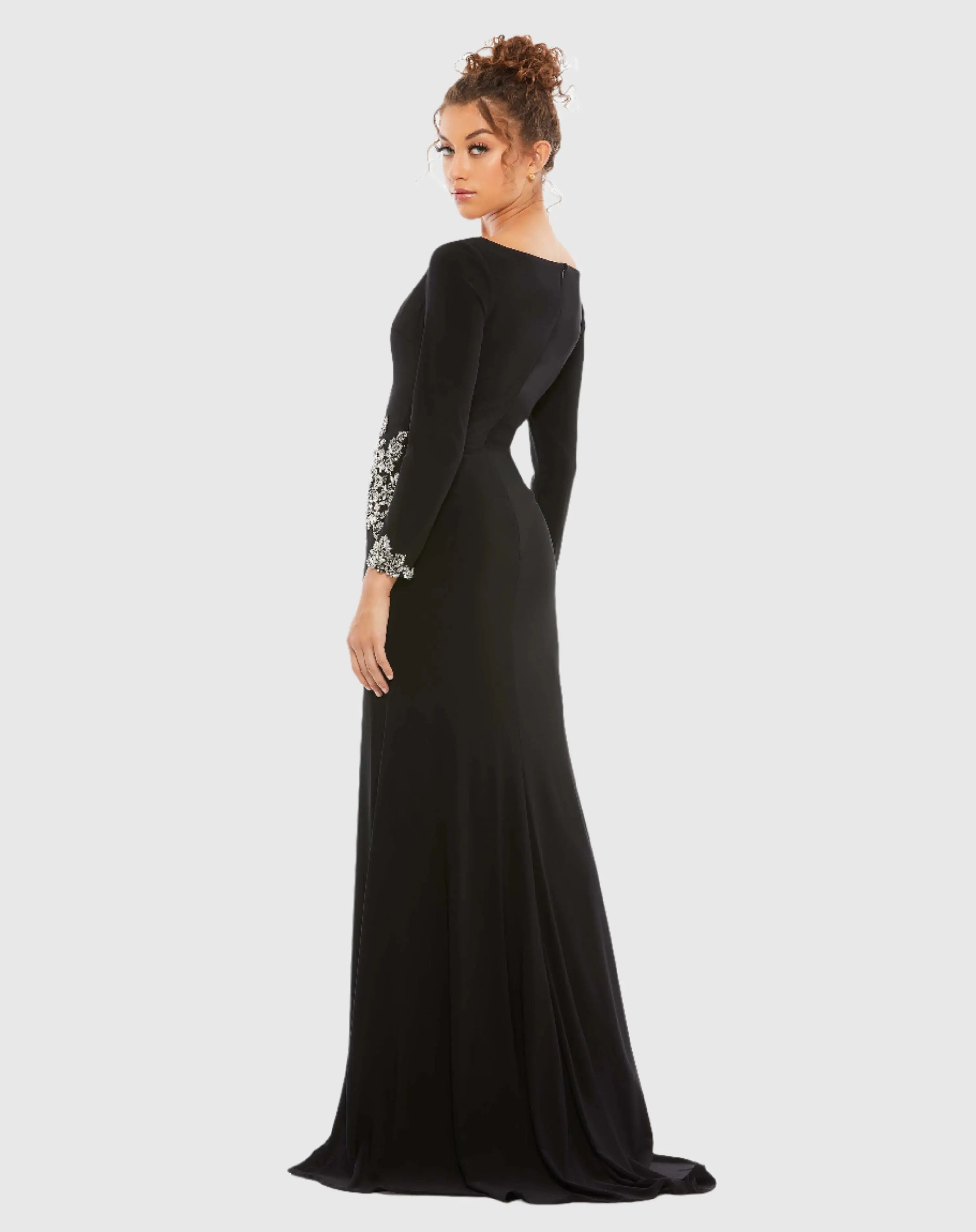 Black Floral Embellished Faux Wrap Jersey Gown