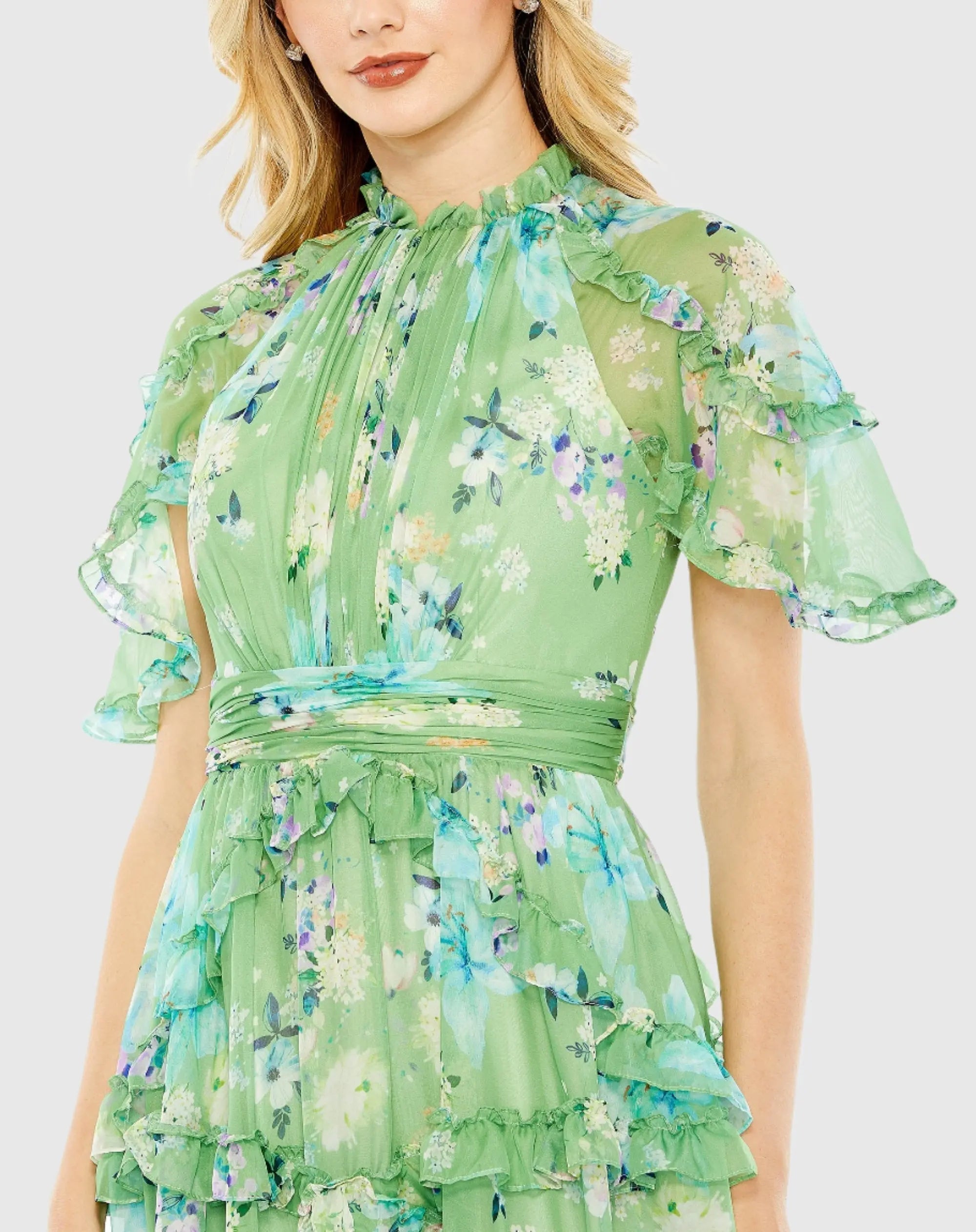 Green Floral Print Chiffon Cascading Ruffle Raglan Gown