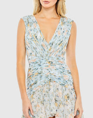 Blue Floral Print Ruched Cap Sleeve High Low Gown