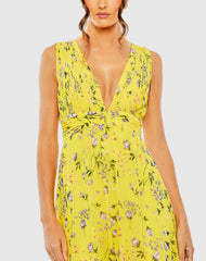 Yellow Floral Print V-Neck Ruched Gown