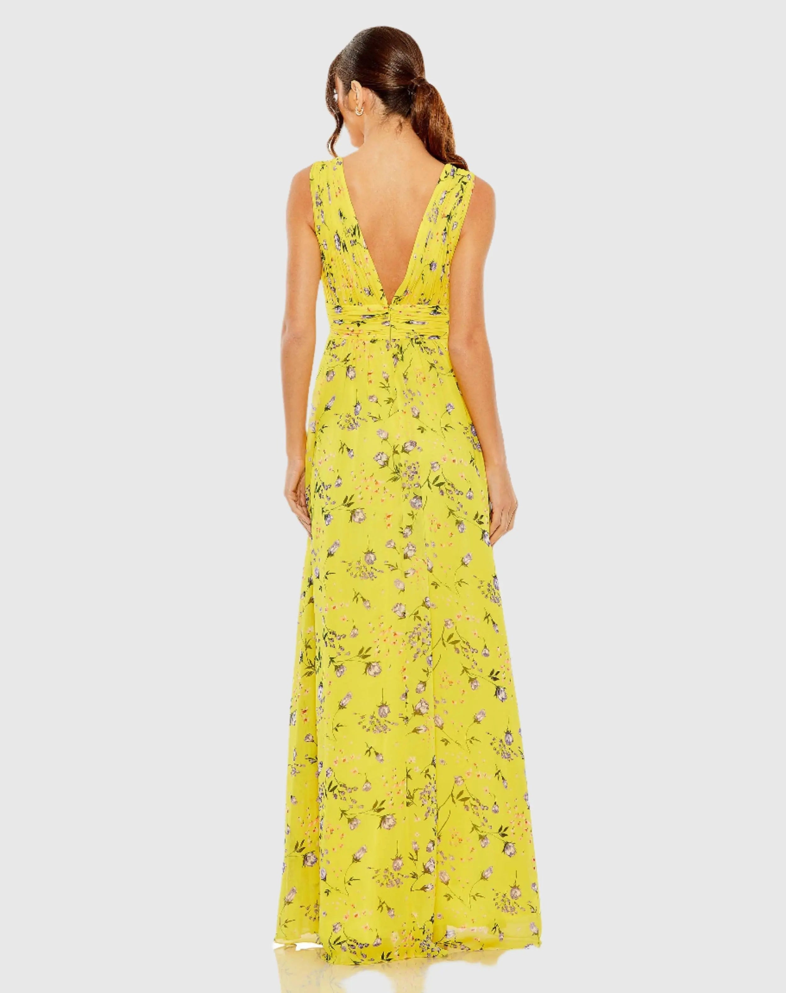 Yellow Floral Print V-Neck Ruched Gown