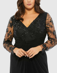 Black Front Twist Embellished Illusion Long Sleeve Gown (Plus)