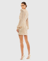 Gold Sequined Structured Bishop Sleeve Mini Dress