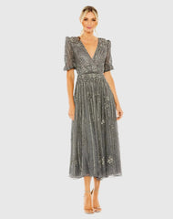 Puff Quarter Length Sleeve V-Neck Dress