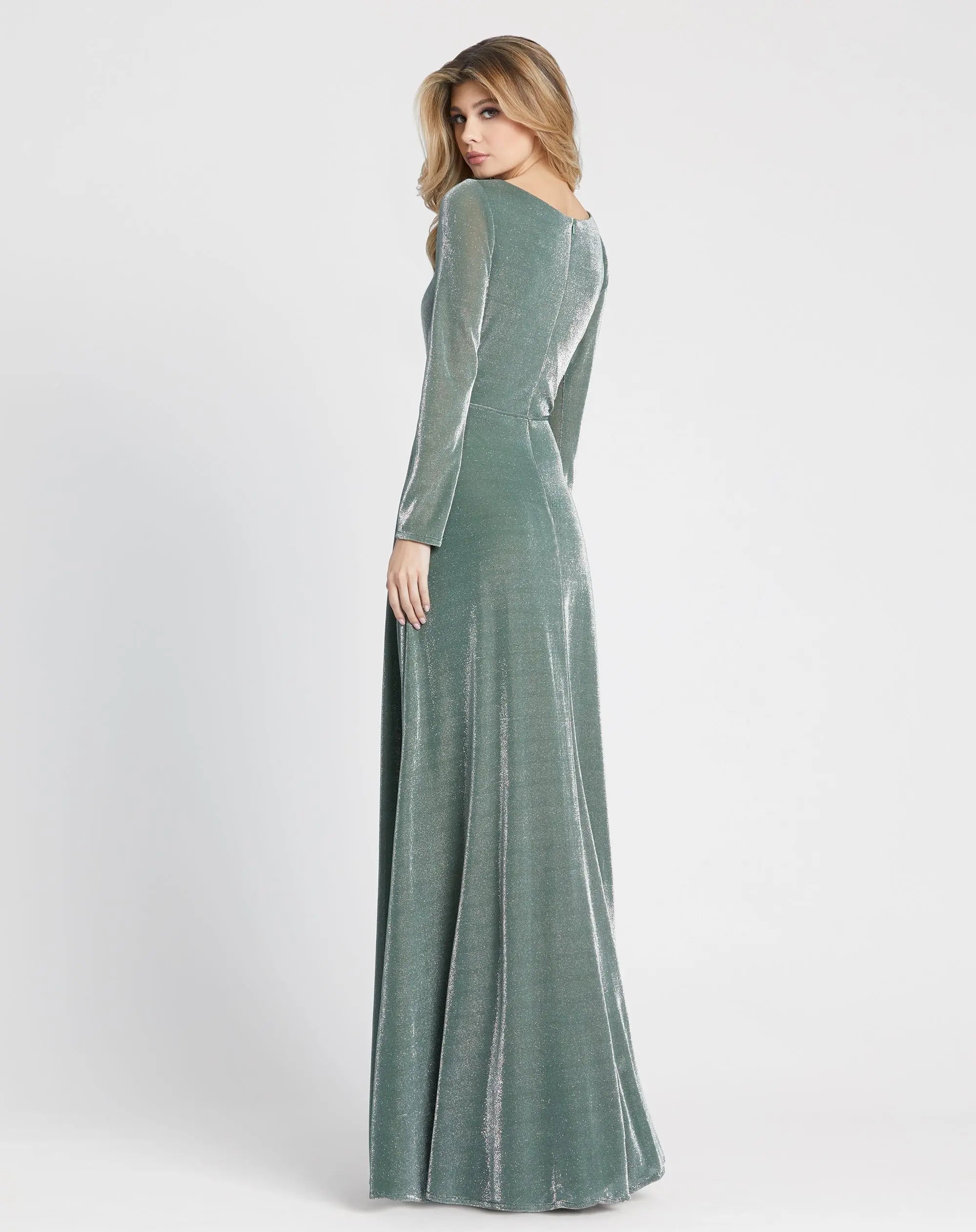 Green Long Sleeve Faux Wrap A Line Gown