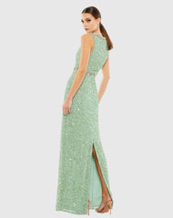 Green Sleeveless Sequin Column Gown