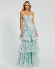 Green Spaghetti Strap Applique Tiered Ruffle Gown