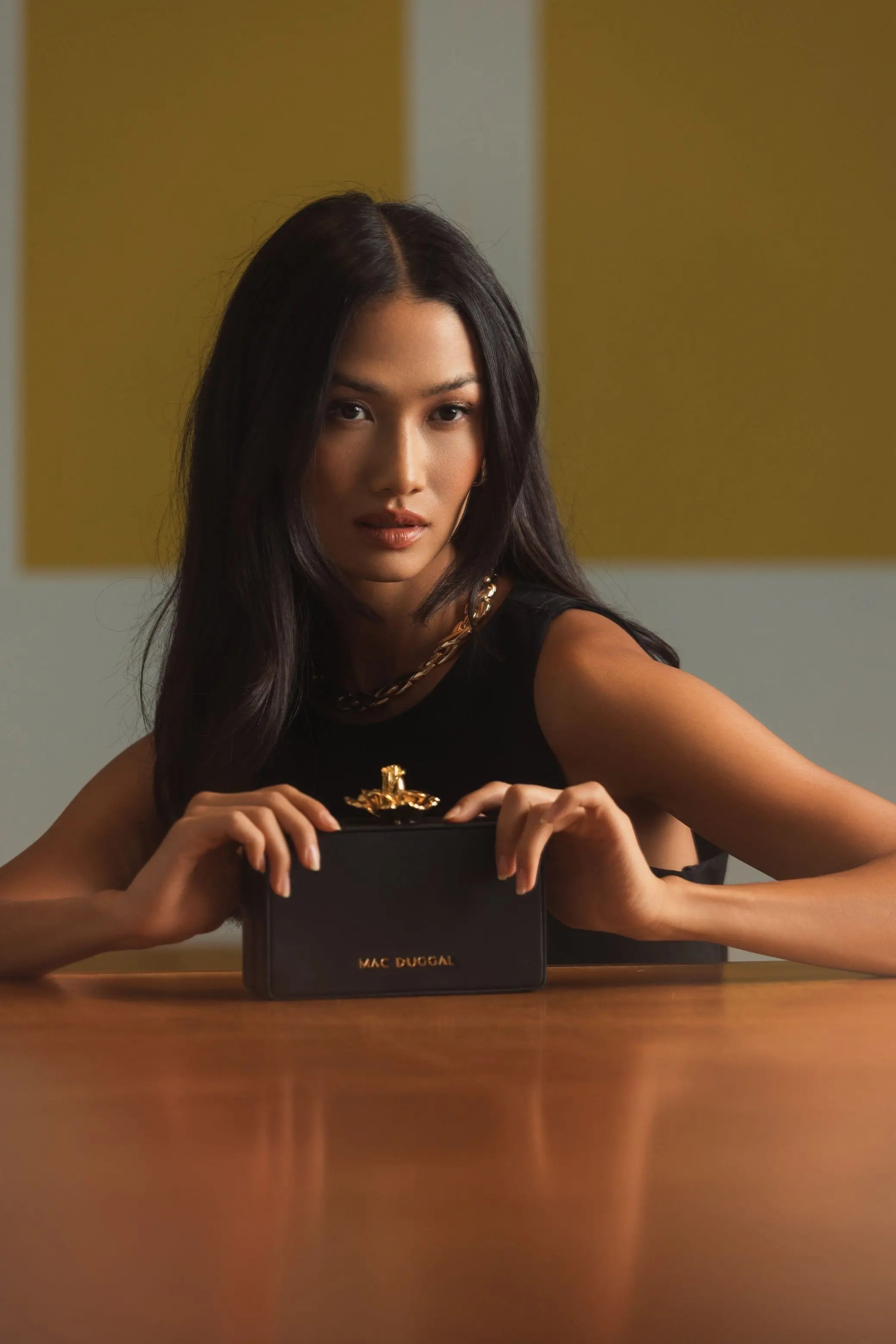 Black Mini Gold Rose Nappa Leather Box Clutch