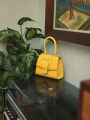 Yellow Buckled Mini Croco Leather Handbag with Detachable Strap