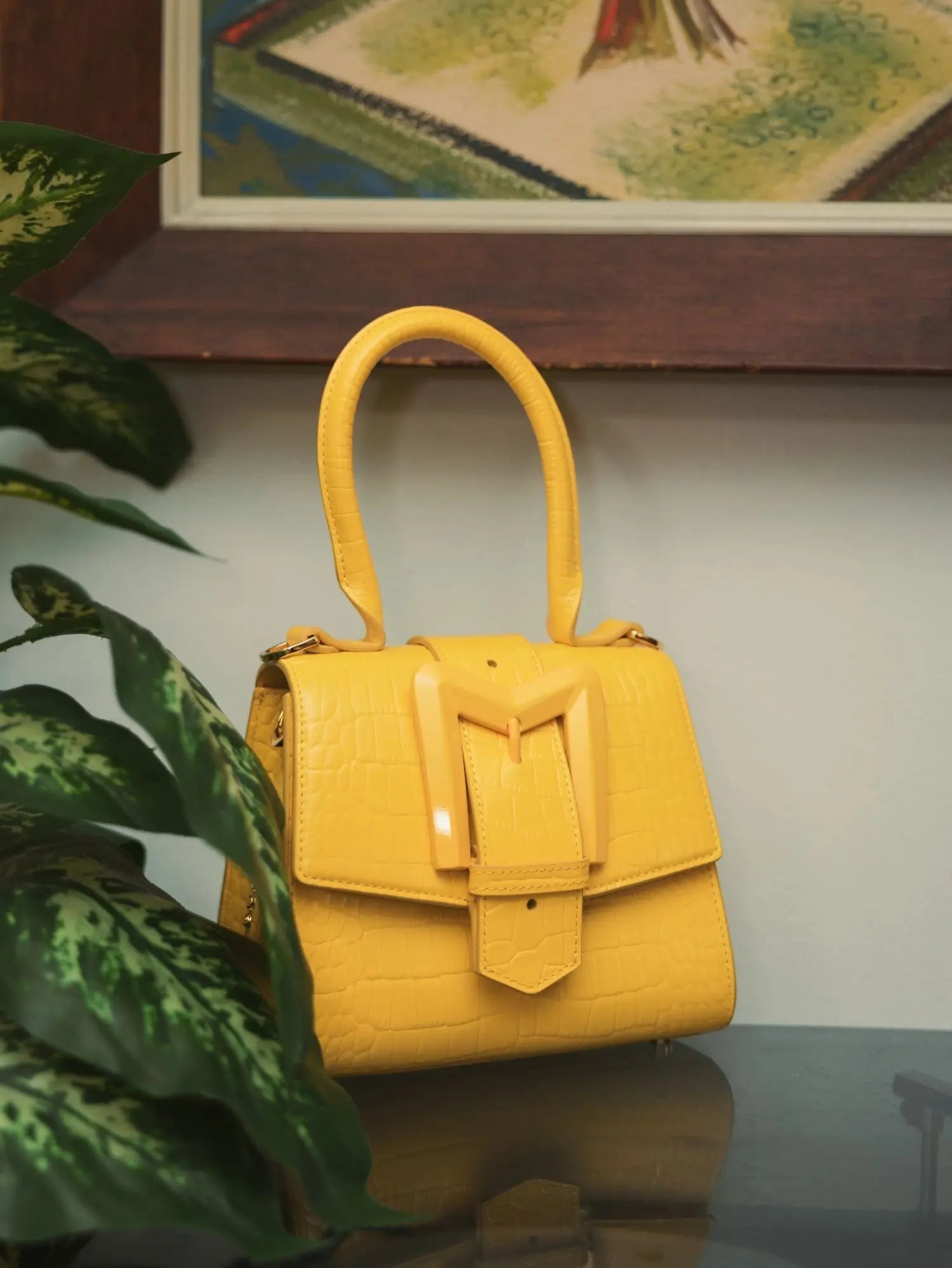 Yellow Buckled Mini Croco Leather Handbag with Detachable Strap