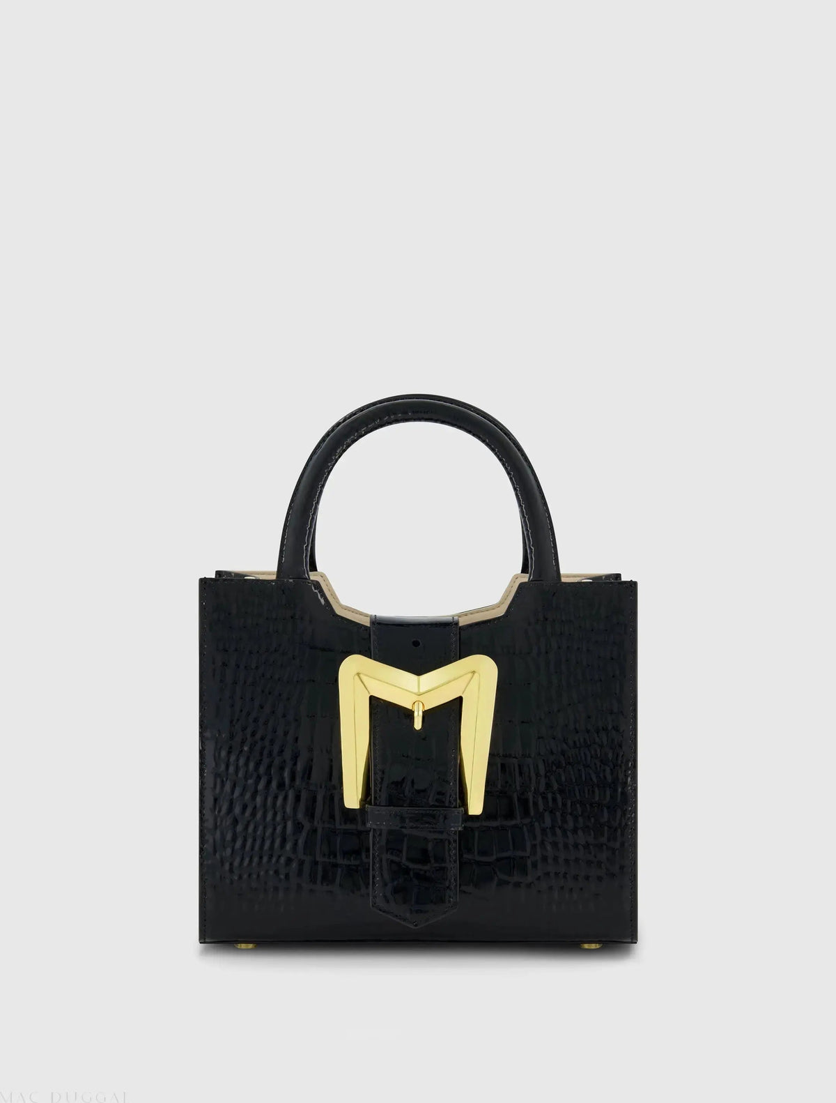 Black Crocodile Leather Tote Bag With Gold Buckle