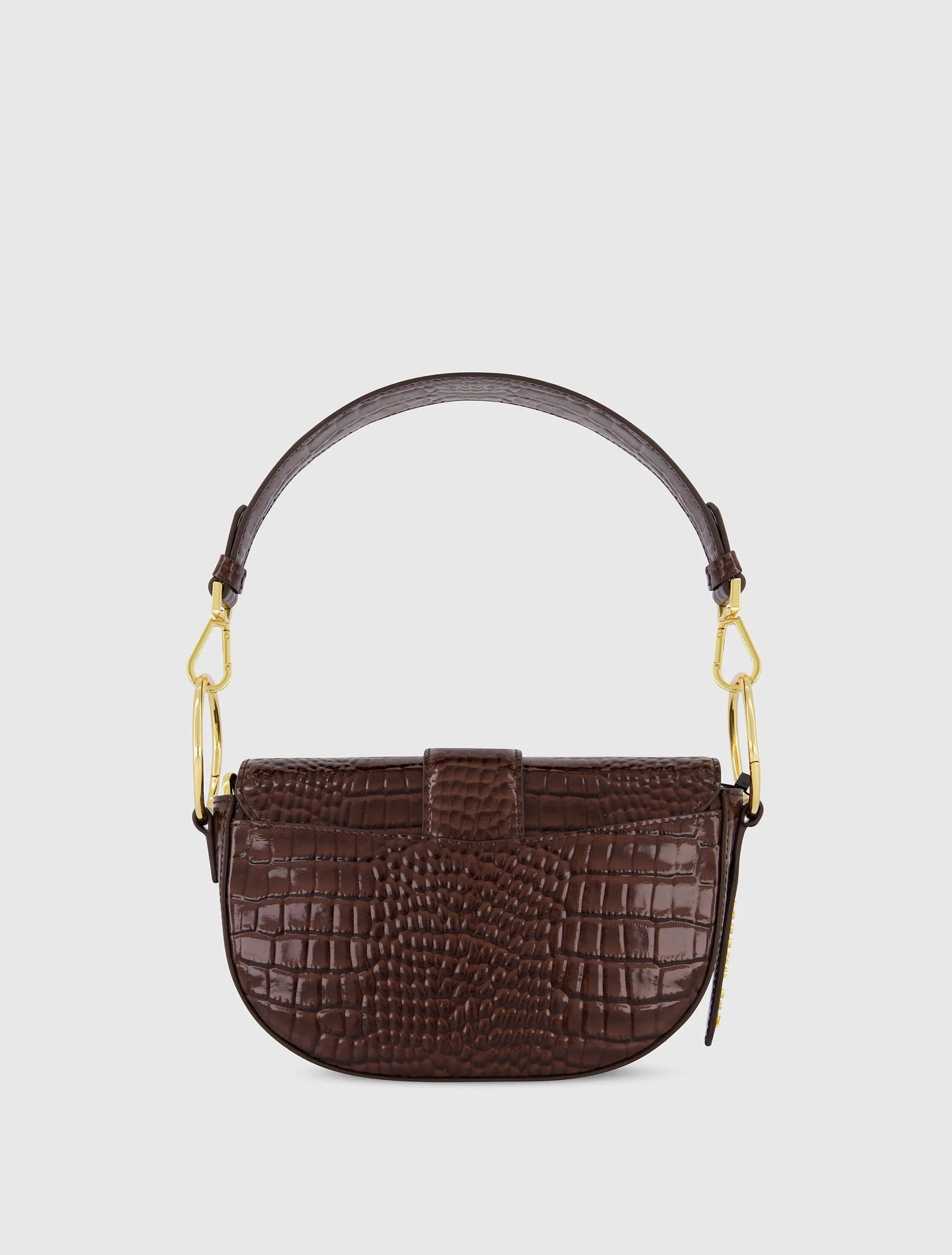 Brown Crocodile Leather Saddle Bag With Gold Hardware
