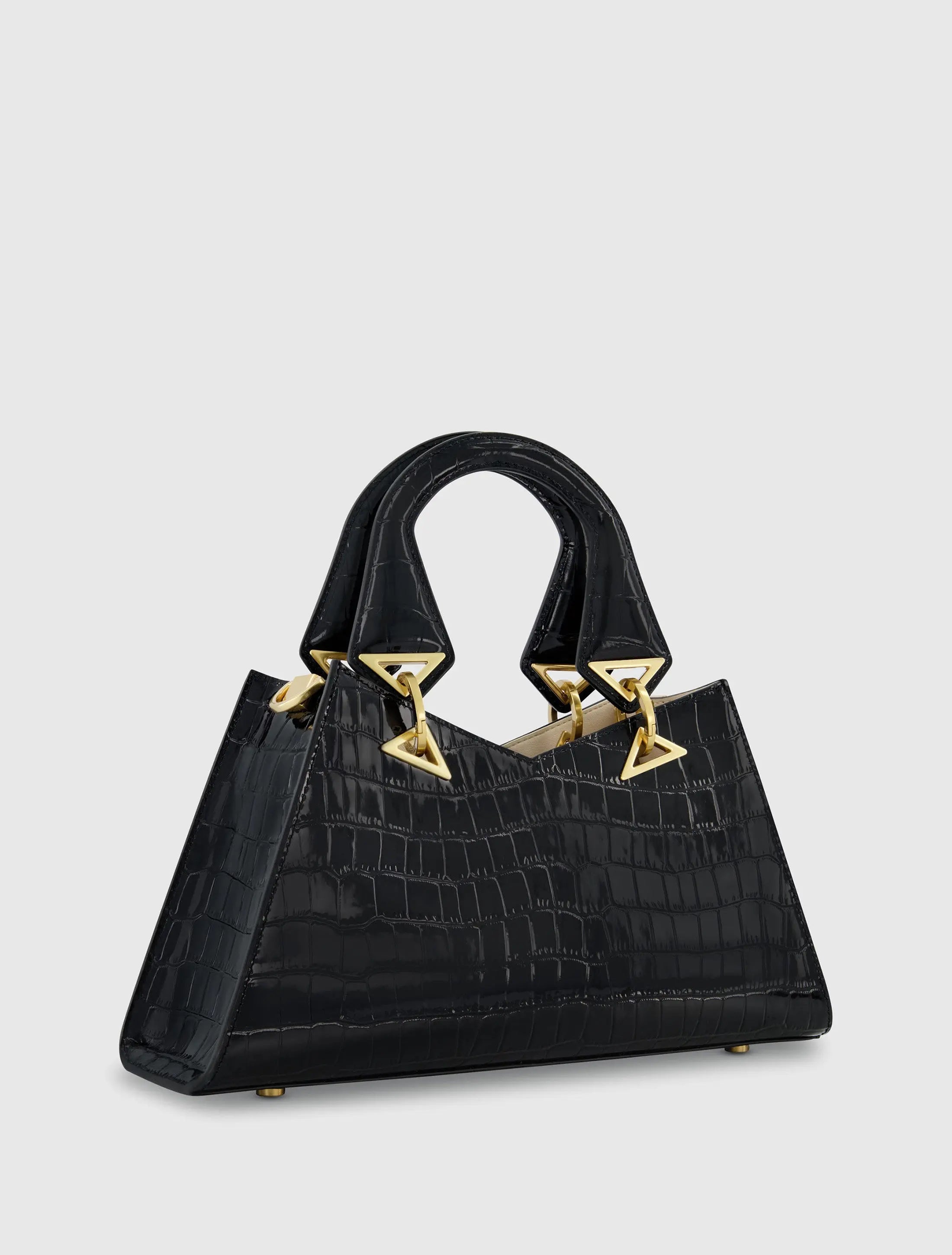 Black Crocodile Leather Handbag With Gold Hardware