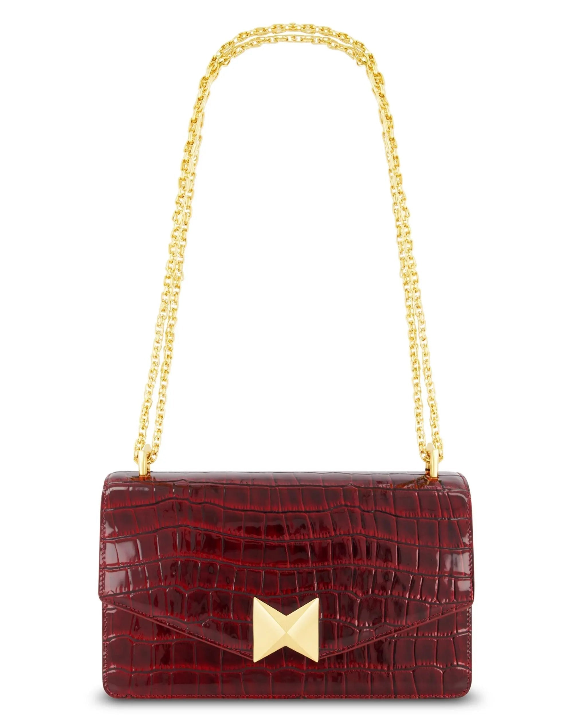 Red Crocodile Leather Shoulder Bag With Gold Hardware