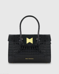 Black Crocodile Leather Tote Bag With Gold Hardware