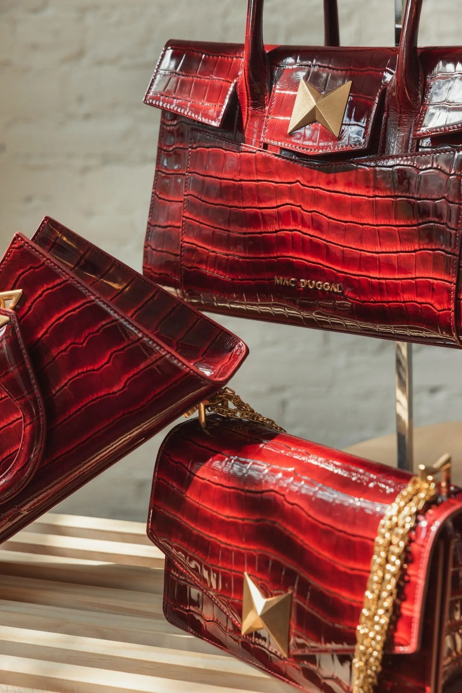 Red Crocodile Leather Tote Bag With Gold Hardware