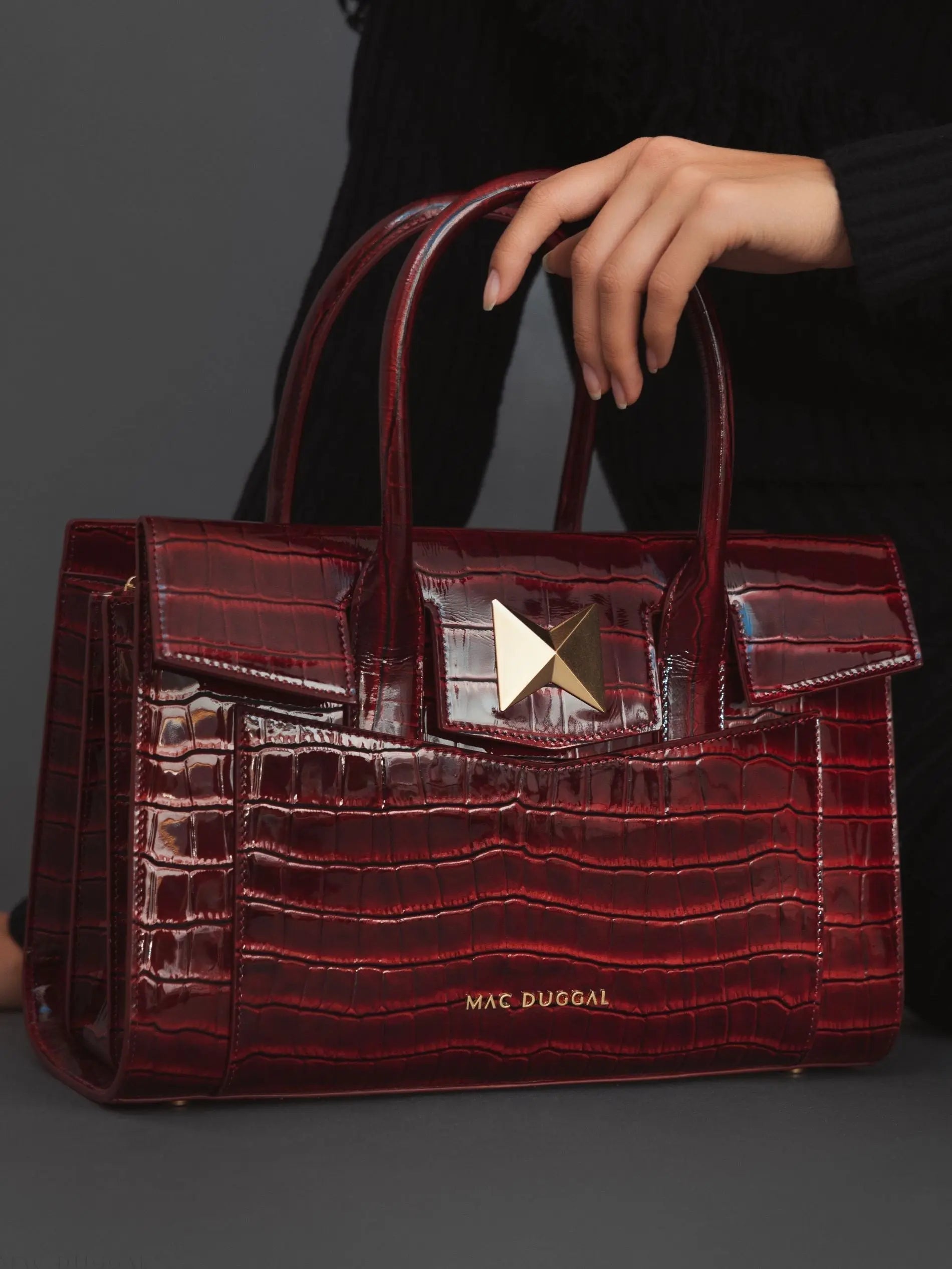 Red Crocodile Leather Tote Bag With Gold Hardware