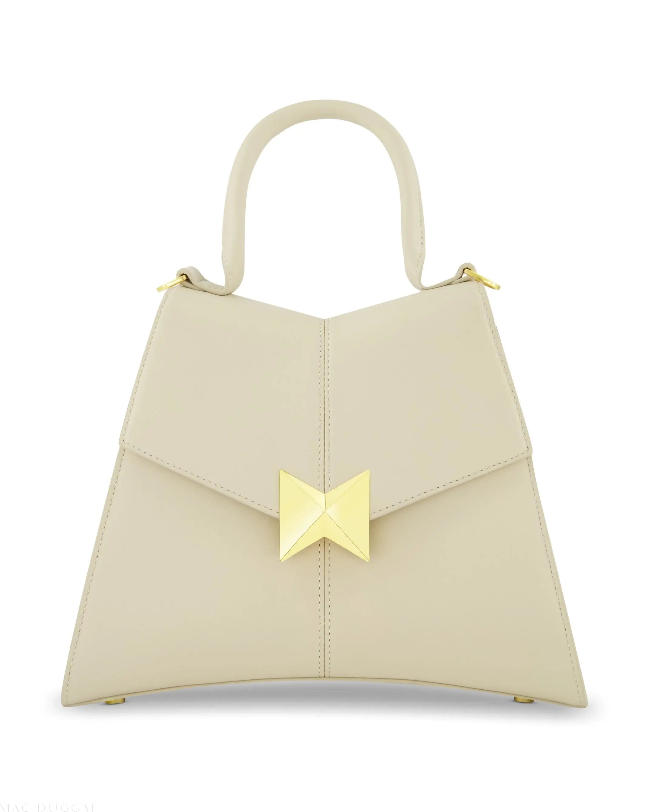 White Medium Angular Leather Handbag With Gold Hardware