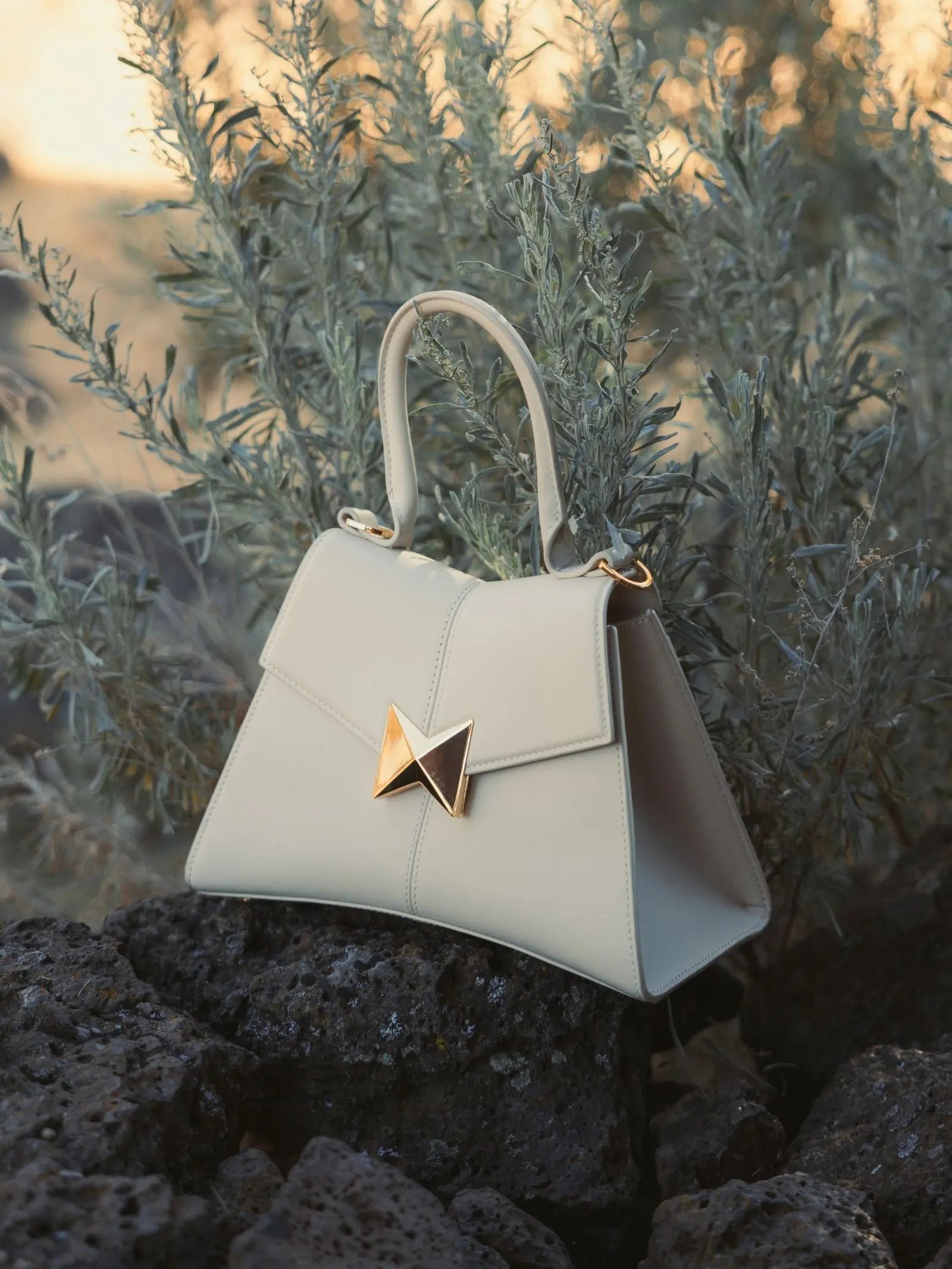 White Medium Angular Leather Handbag With Gold Hardware
