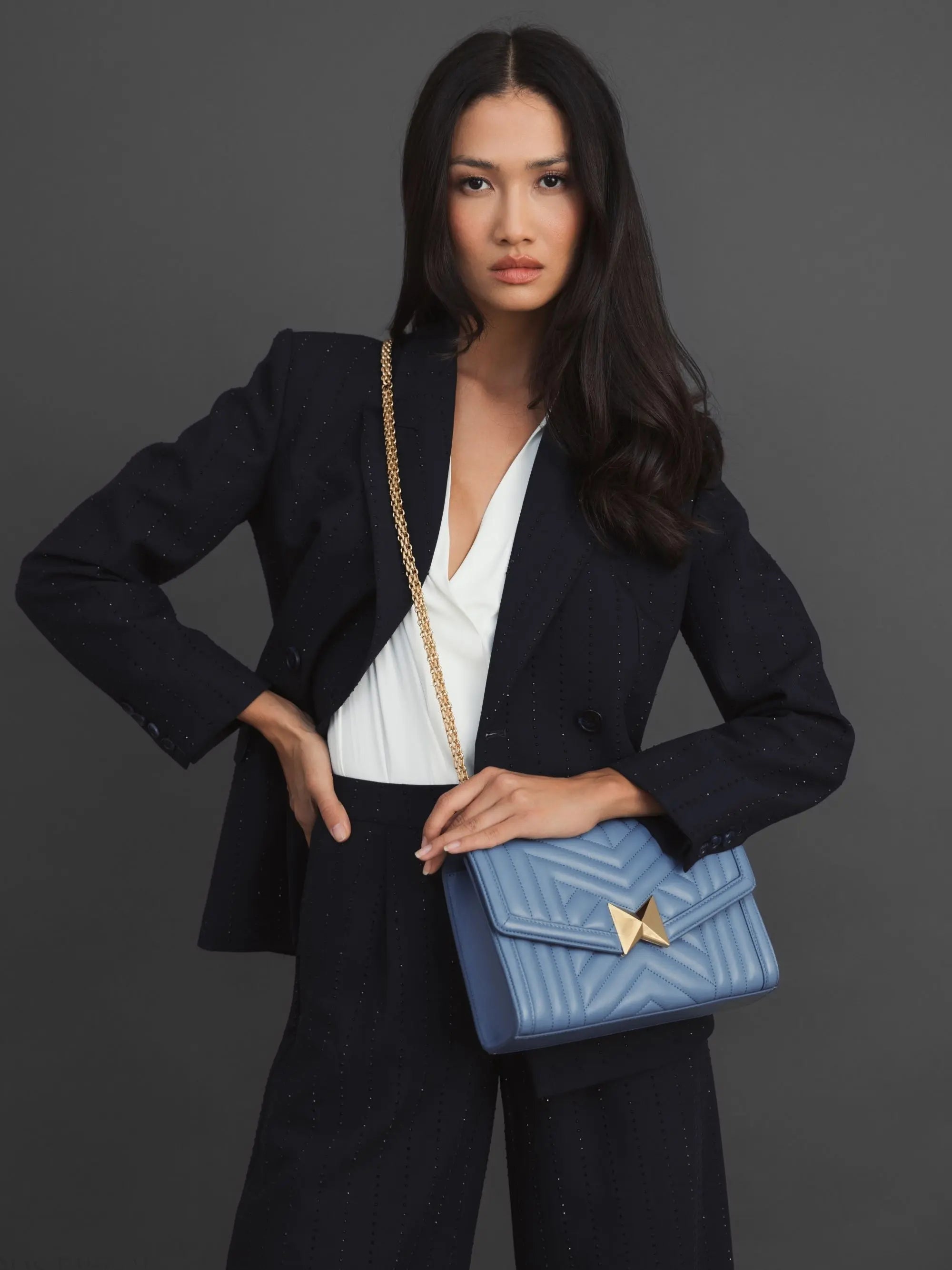 Blue Quilted Napa Leather Handbag With Gold Chain