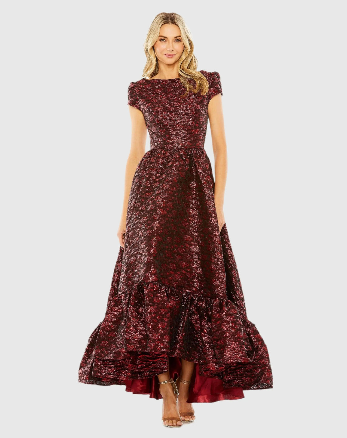 Red High Neck Brocade Bubble Hem Dress