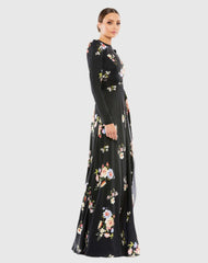 Black High Neck Long Sleeve Faux Wrap Gown