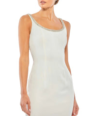 White Jeweled Scoop Neck Fitted Midi Dress