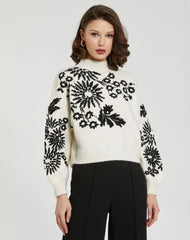 White Balloon Sleeve Cropped Mock Neck Knit Sweater