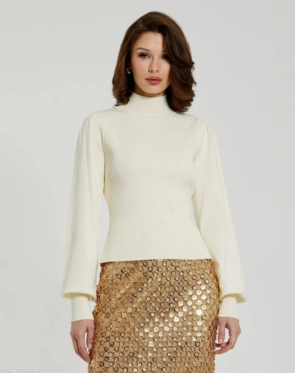 White Ribbed Knit Balloon Sleeve Turtle Neck Sweater - FINAL SALE
