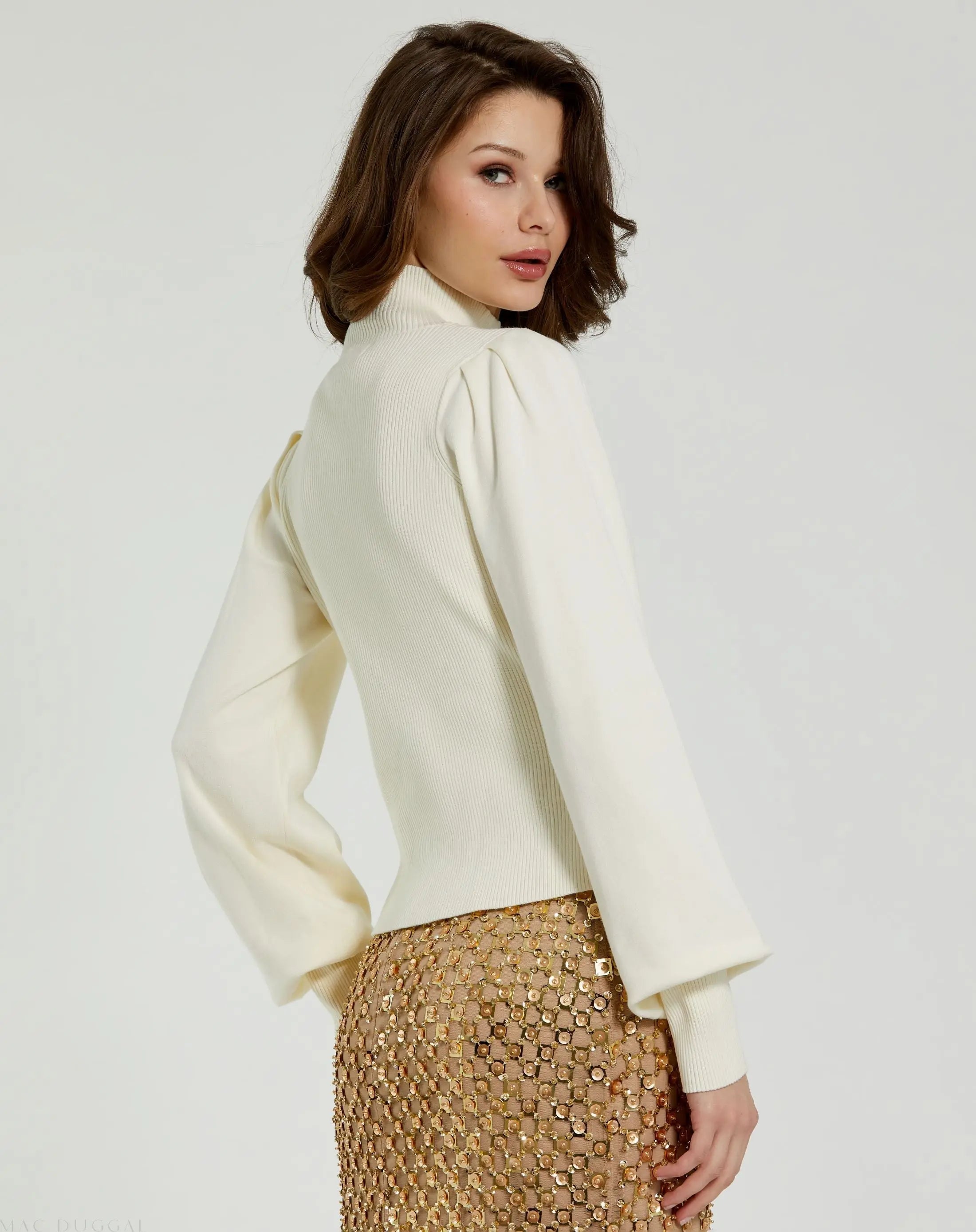 White Ribbed Knit Balloon Sleeve Turtle Neck Sweater - FINAL SALE