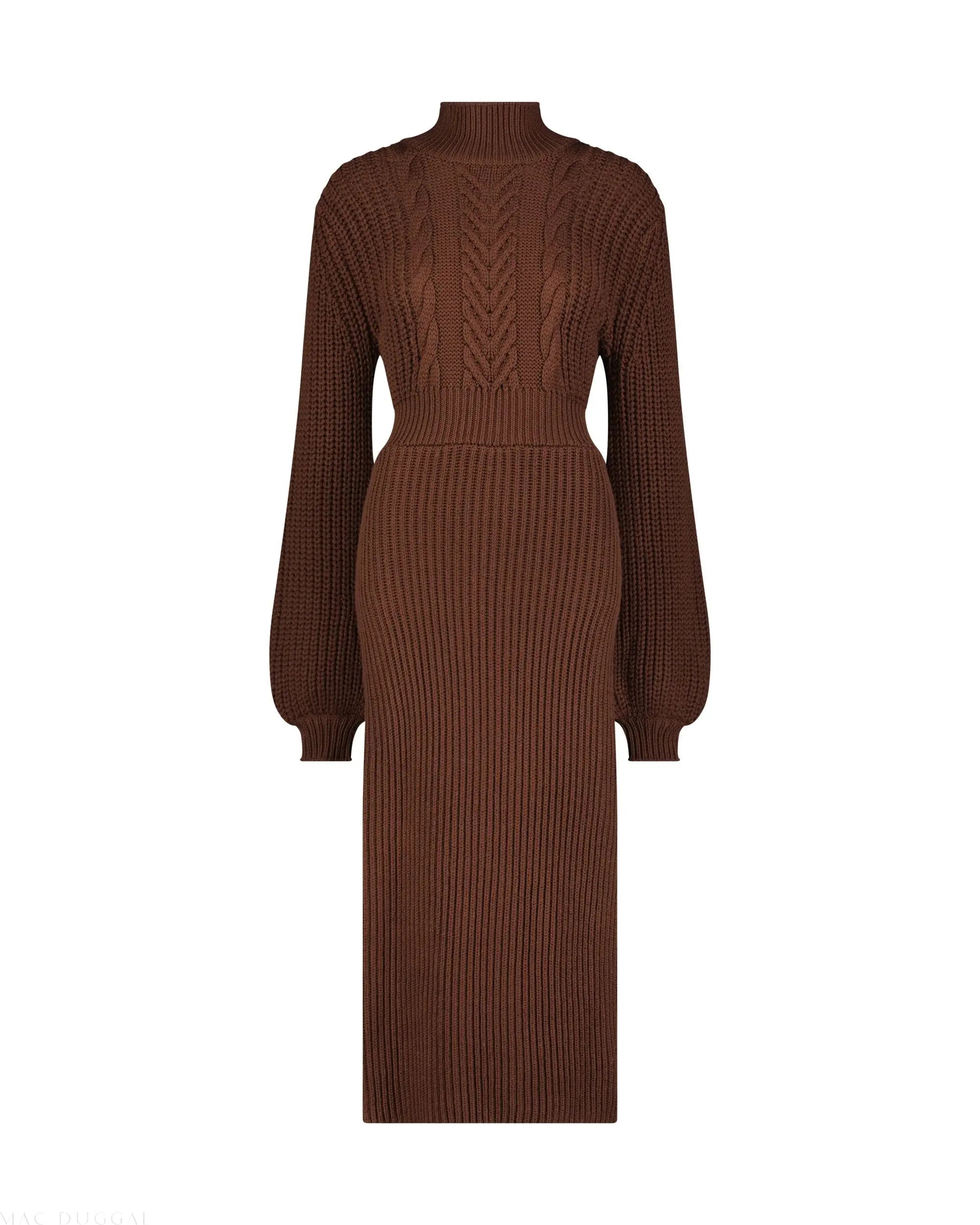 Brown Long Sleeve Turtle Neck Knit Midi Dress