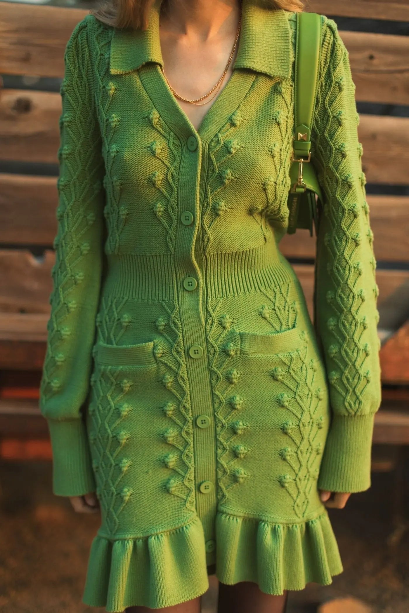 Green Long Sleeve Button Up Collared Bobble Knit Sweater Dress