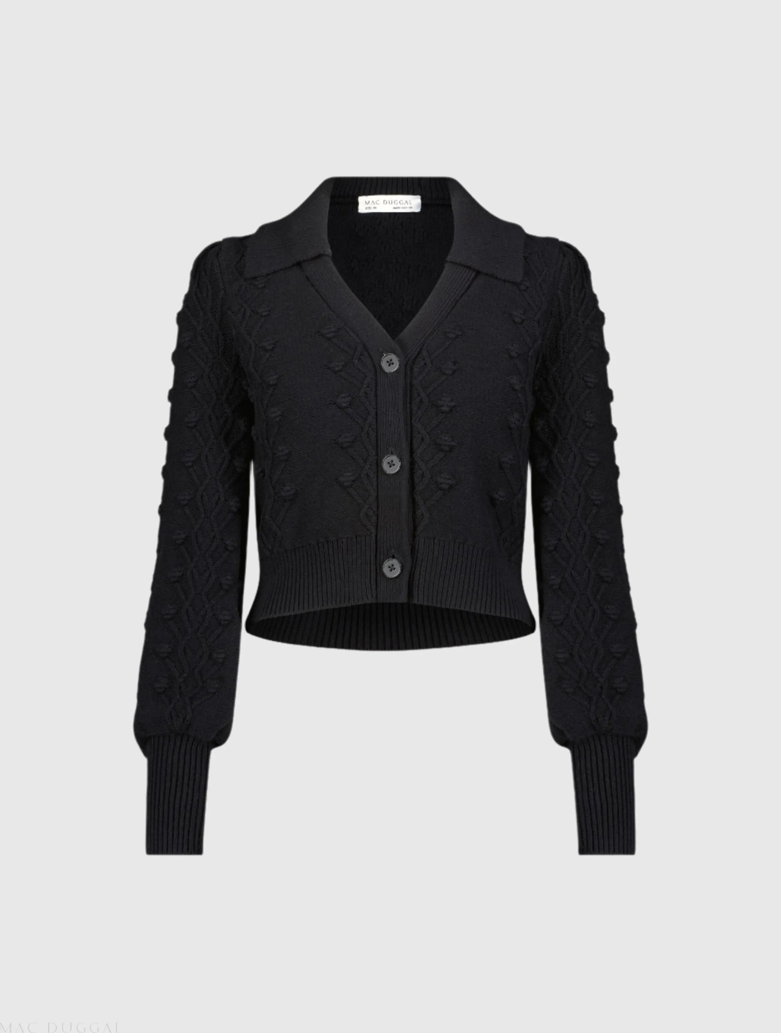 Black Cropped Bobble Cable Knit Button Up Cardigan Sweater