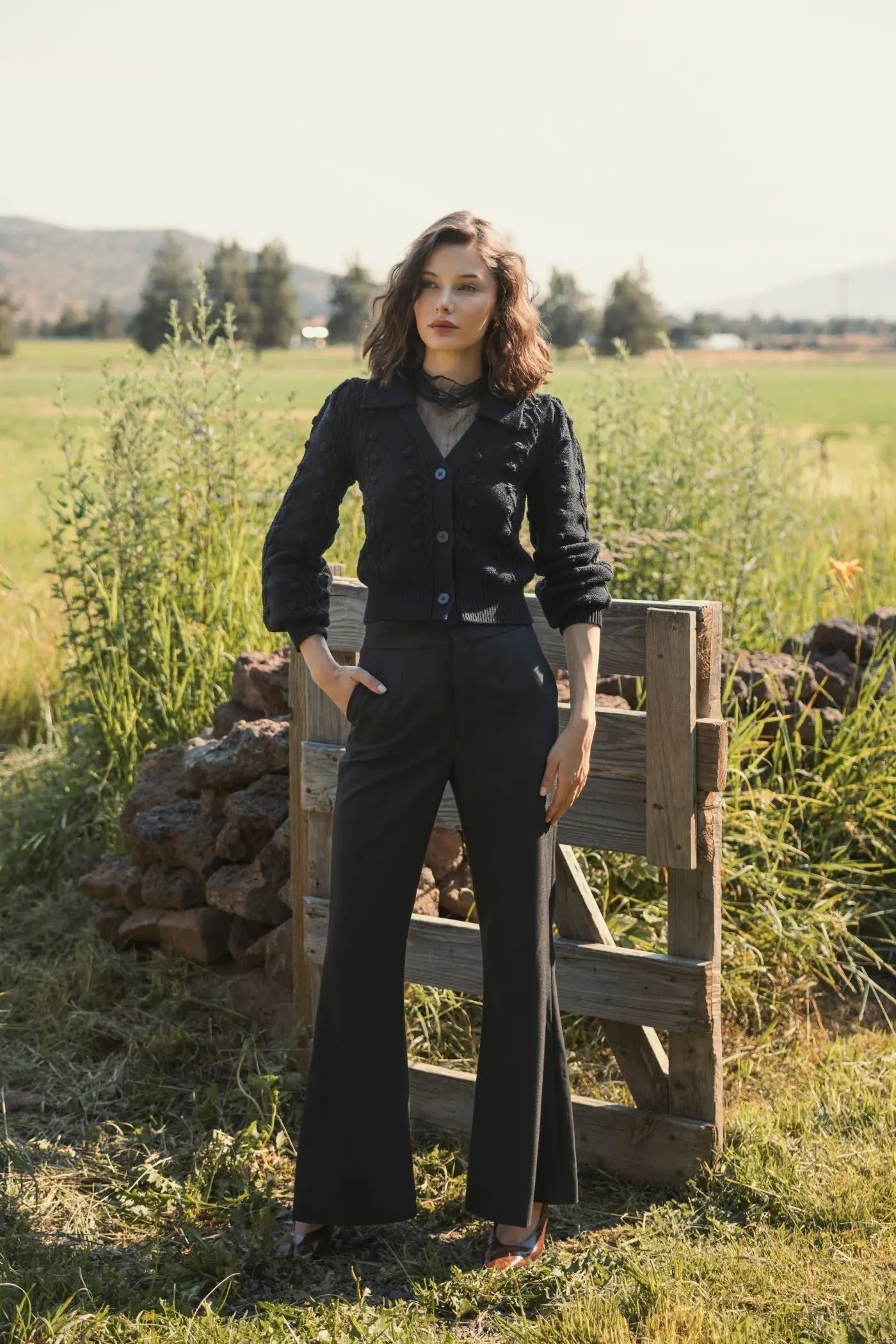 Black Cropped Bobble Cable Knit Button Up Cardigan Sweater