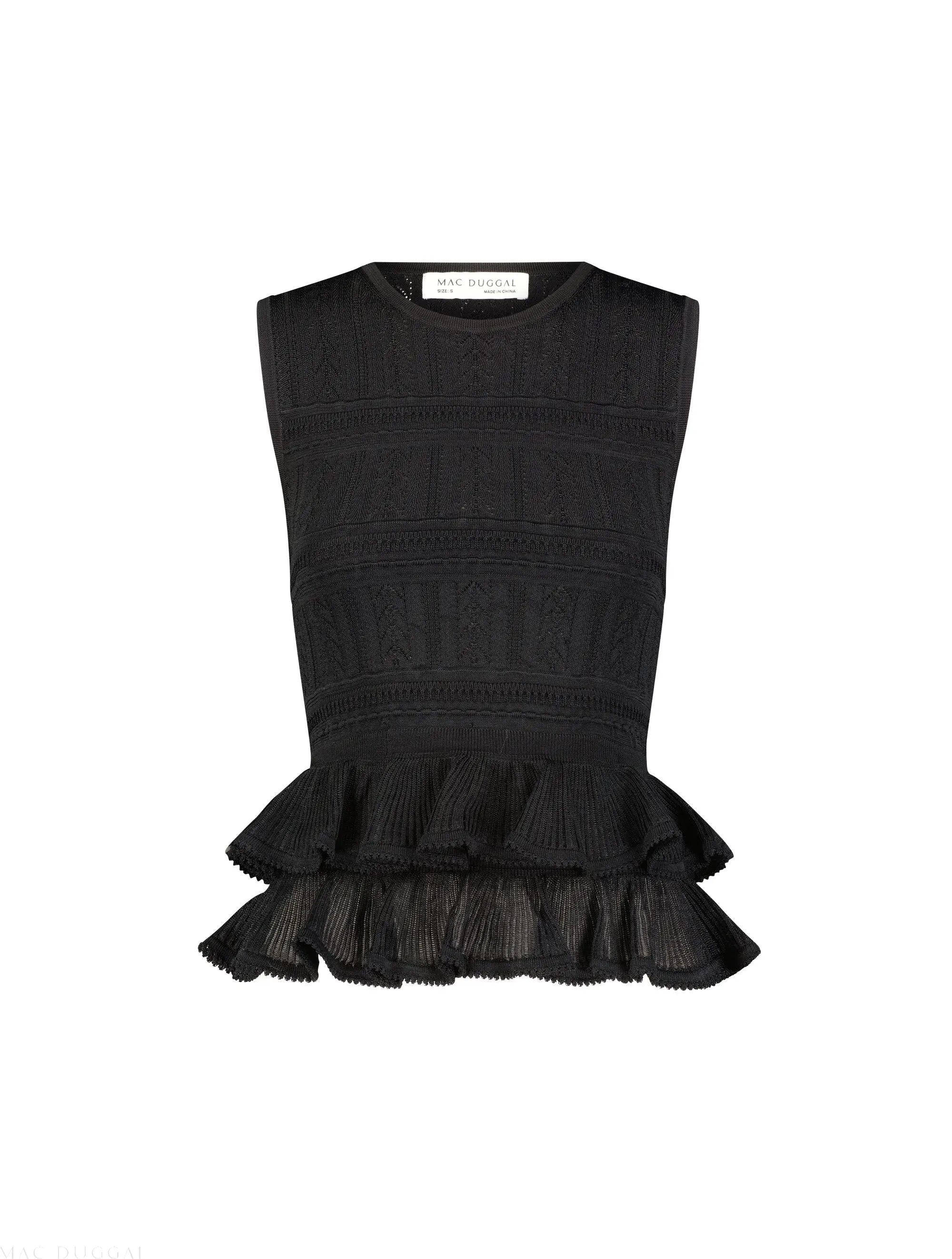 Black Sleeveless High Neck Knit Top With Ruffle Hem - FINAL SALE