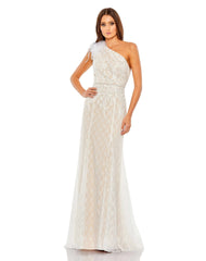 Beige Lace Embellished Feathered One Shoulder Gown