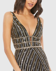 Metallic Embellished Plunge Neck Open Back Gown
