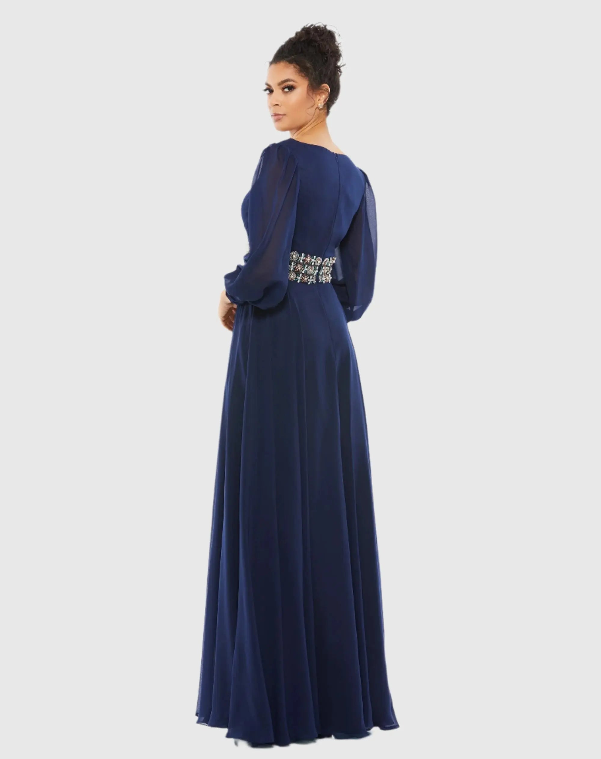Navy Bishop Sleeve Wrap Over Belt Detail Flowy Gown