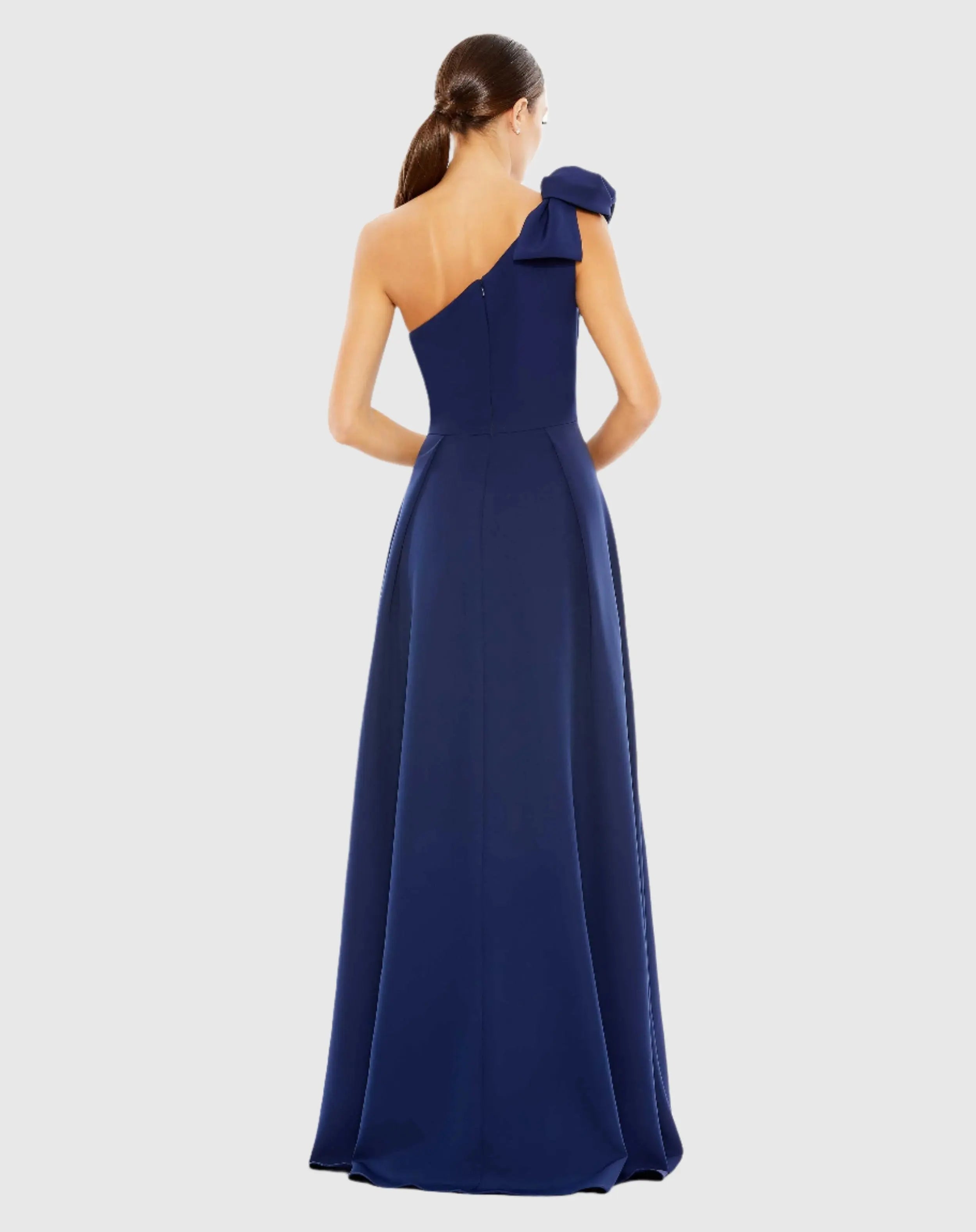 Navy Bow One Shoulder A Line Gown
