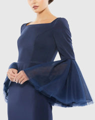 Navy Flounce Sleeve Square Neck Column Gown