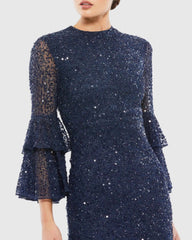 Navy Fully Sequined Ruffle Tiered 3/4 Sleeve Midi Dress