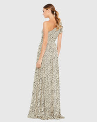 Beige One Shoulder Animal Print Gown